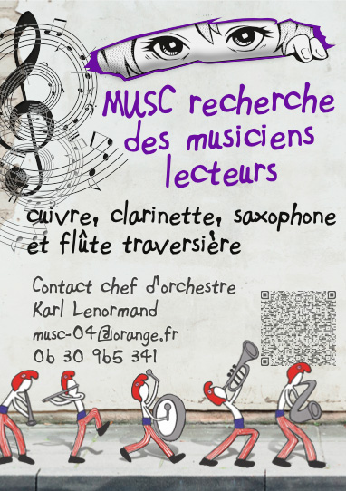 Musc recherche des musiciens lecteurs pour les pupitres des cuivres, saxophones, flûtes traversières et clarinettes.